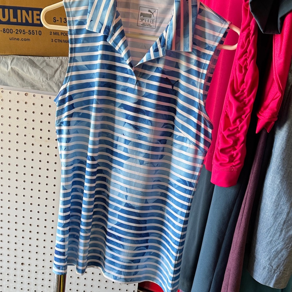 Puma Golf Blue and Pink Striped Polo